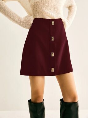 Commense Metal-Decor Zipper Mini Skirt, Burgundy, Size Medium